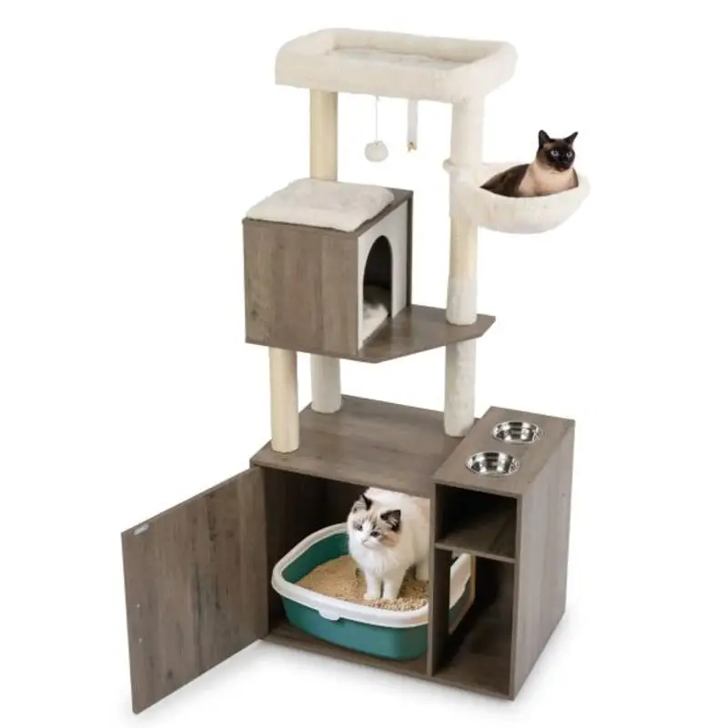 Enclos pour litière de chat + Tour d'escalade pour chat + Poteau à gratter en sisal + Tapis + Boule suspendue - Gris