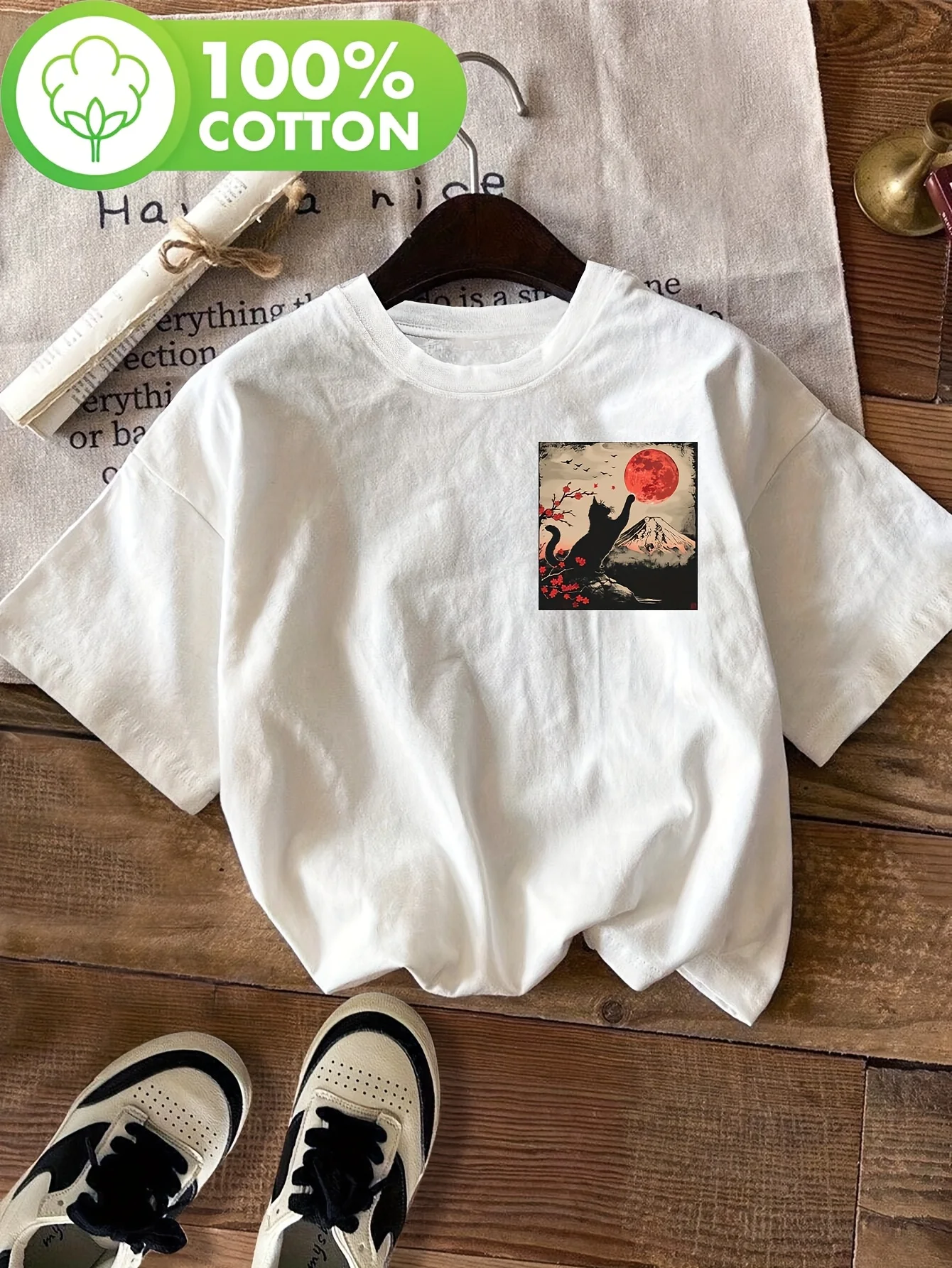 Retro Women Vintage Japanese Art Print 100% Cotton T-Shirt Black Cat Mount Cherry Moon Design Short Sleeve Crew Neck Casual Top