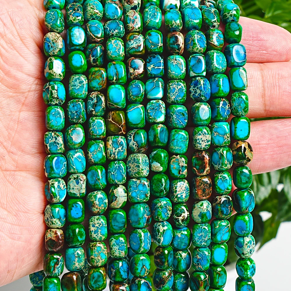 7x5mm Natural Teal Blue-Green Cube Sea Sediment Imperial Jasper Loose Beads for Jewelry Making Handcrafted Gemstone Spacer Beads