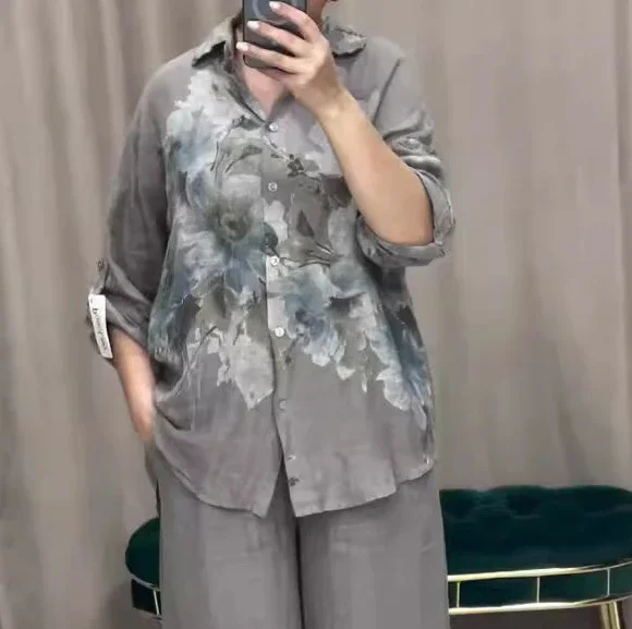 Elegant Women's Casual 2024 New Commuting Long Sleeved Print Shirt & Fashion Temperament High Waist Wide Leg Pants Two Piece Set