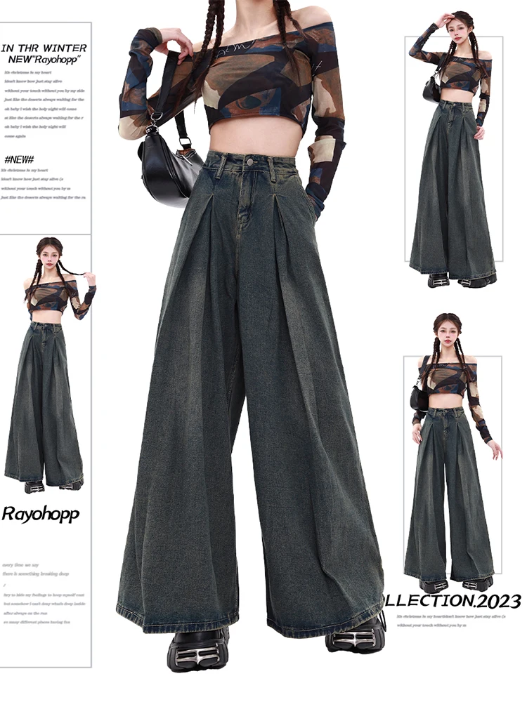 

Summer Women Korean Fashion Flare Pleated Mom Jean Y2k Japanese Bell Bottoms Denim Pants Long Trousers 2000s Kpop Goblin Core