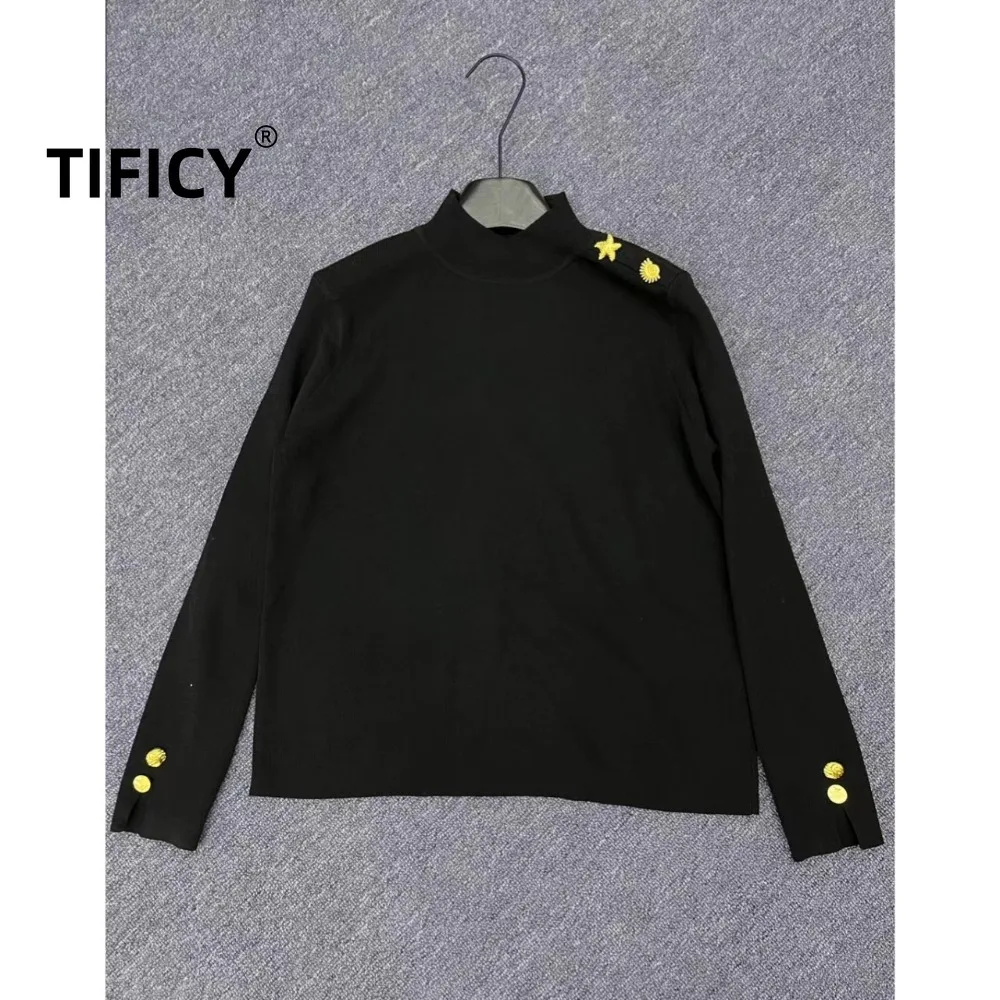 

High Street Irregular Metal Buckle Decorative Knitted Sweater Women Autumn and Winter Heavy Duty Base Long Sleeved Sweaters Top