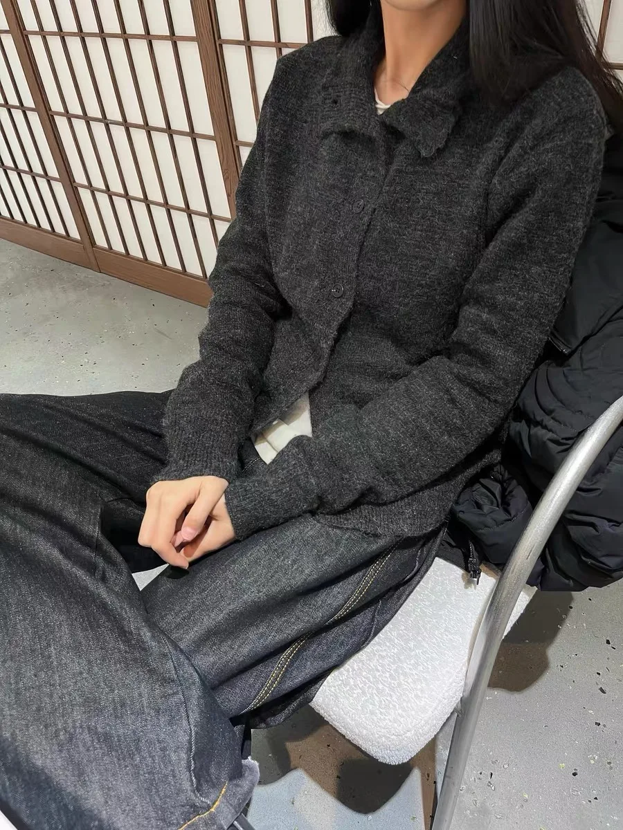 

American Retro Cuffed Open Cardigan Knitted Long Hair Sweater Men's Cleanfit Winter Warm High Collar Sweater Ciwalk Inner Wear