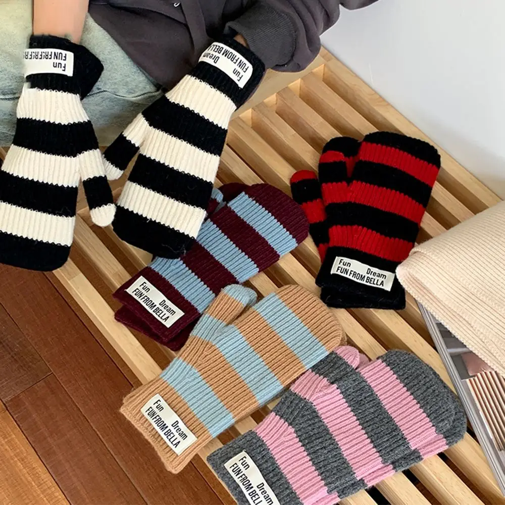 Simple Thickened Winter Warm Riding Gloves Preppy Lengthened Striped Gloves Cold-proof Korean Electric Vehicle Gloves Girl