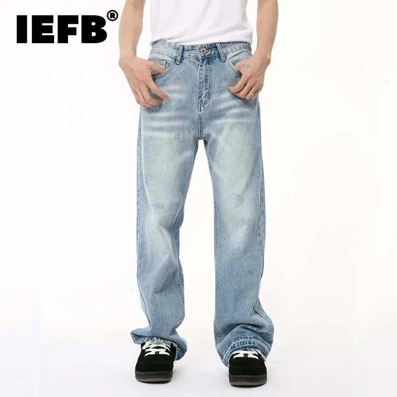 

IEFB American Style New Men's Denim Pants Casual Washing Straight Zipper Menwear Wide Leg Male Trousers Summer Simple 9C6502