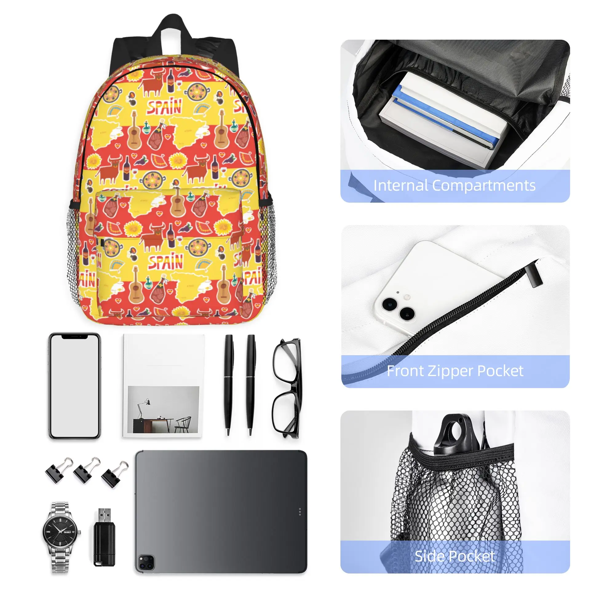 Classic Spanish Culture Spain Pride Backpack Hot Sale Daypack Boys Girls BookBag Shoulder Bags for Men Women School Bag
