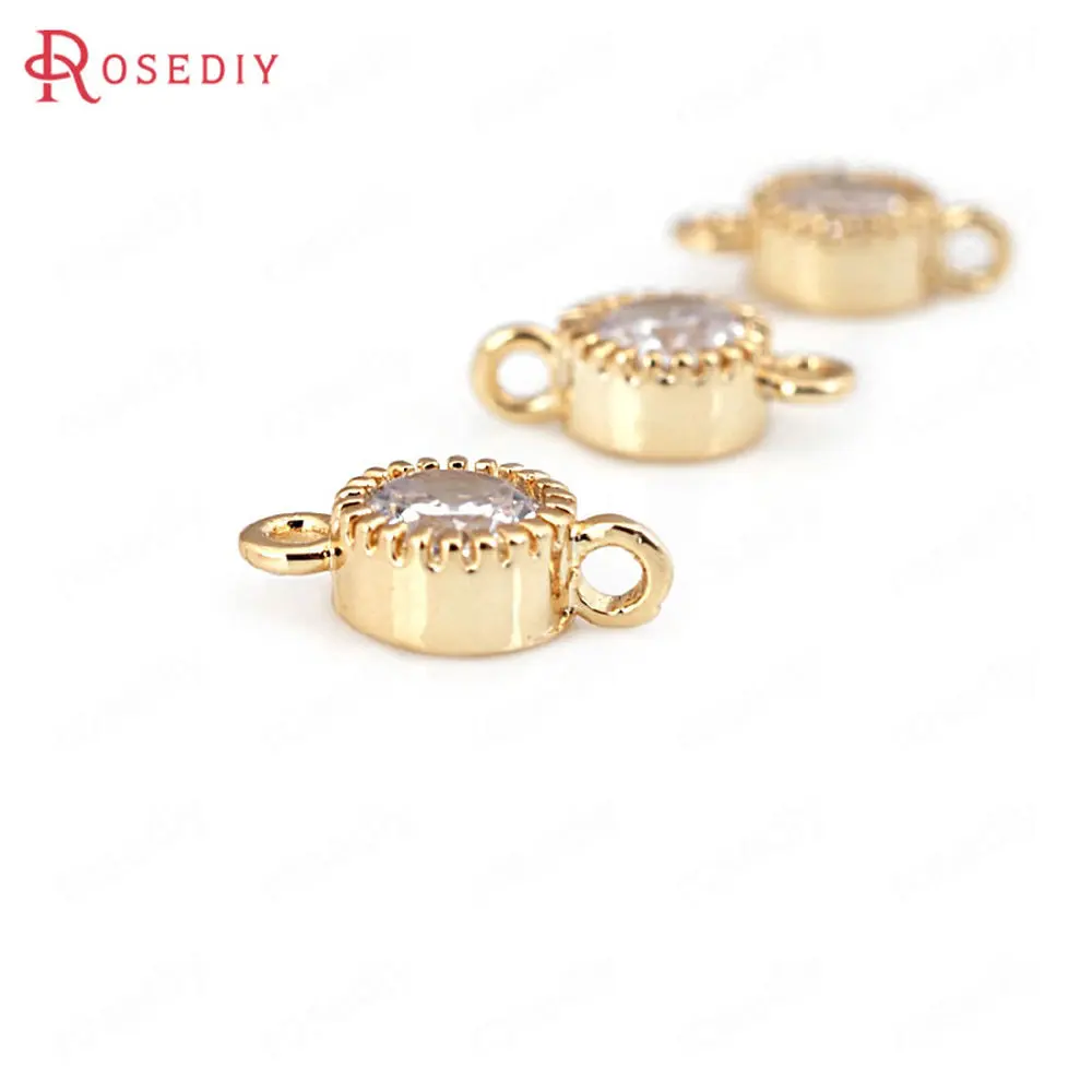 (D017)4 pieces 5x10mm High Quality Champagne Gold Color Plated Brass with Zircon 2 Holes Connect Charms Connector Findings