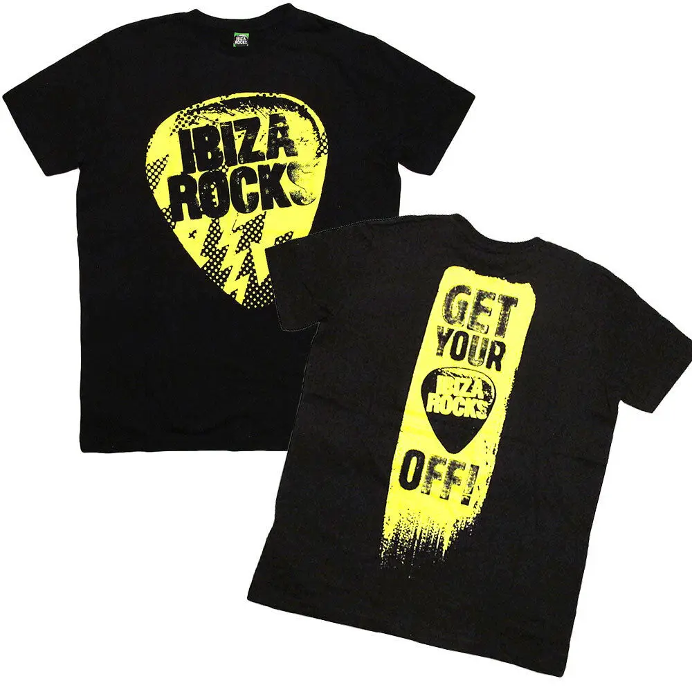 Ibiza Rocks Men'S T Shirt Neon Logo Plec Off Slogan Black Cotton Merch