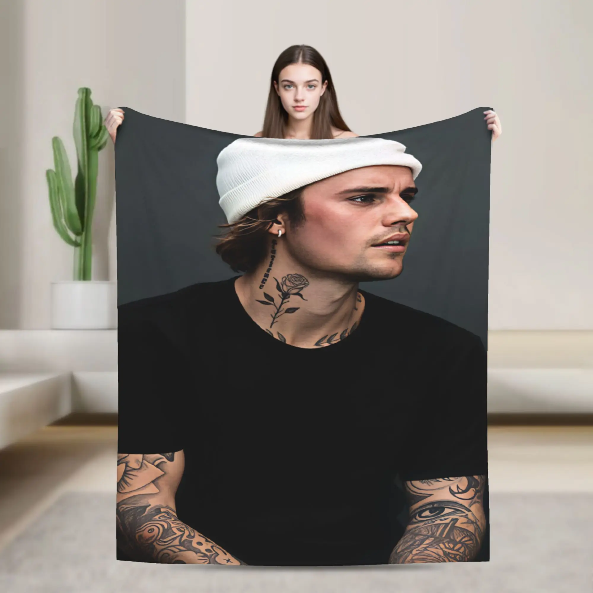 Justin Bieber White Beanie Portrait Soft Blanket Travel Office Plush Throw Blanket Fashion Bed Flannel Bedspread Sofa Bed Cover