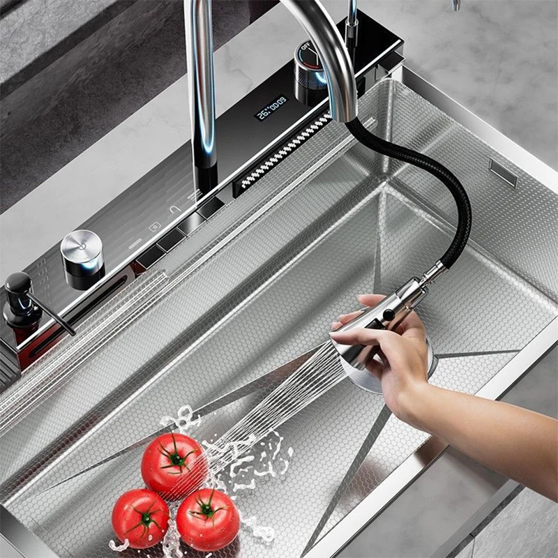 Silvery Nano Multifunctional Kitchen Sink Large Single Slot Digital Display Waterfall Faucet Soap Dispenser Cup Washer Pure Tap