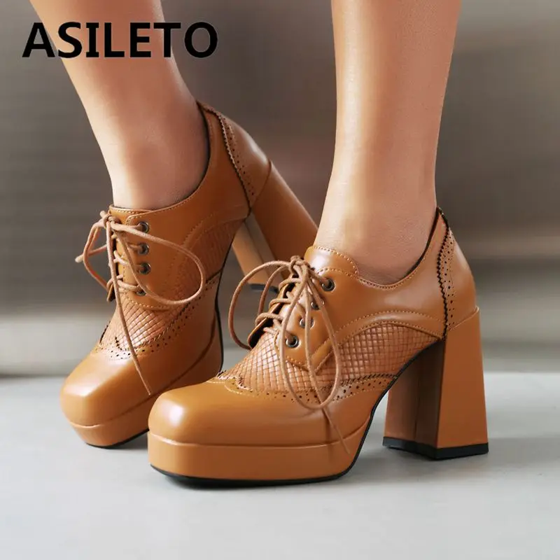 

ASILETO Brand Women Pumps Square Toe Block Heels 9.5cm Platform Lace Up Plus Size 41 42 43 Leisure Daily Shoes Spring Autumn