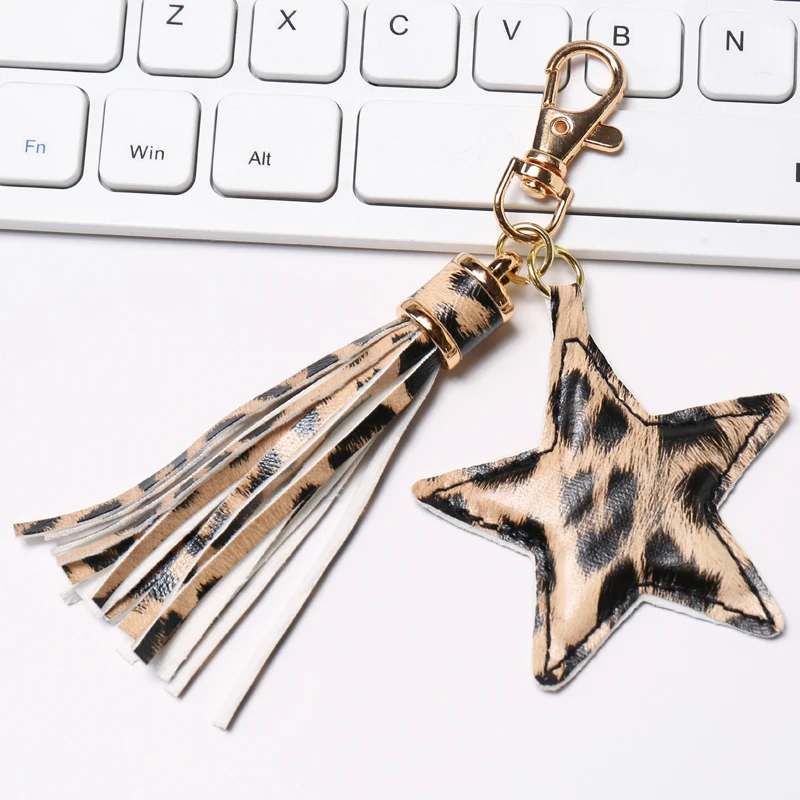 Fashion PU leather Tassel Key Chain for Women Girl Star Pendant Lobster Clasp Key Rings Bag Accessories