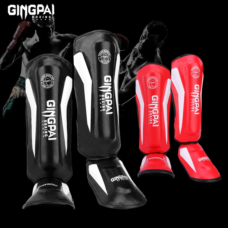 One Pair High-Quality PU Leather Boxing Shin Guards Ankle Protector MMA Muay Thai Training Leg Warmers Light Kicking Shin Pads