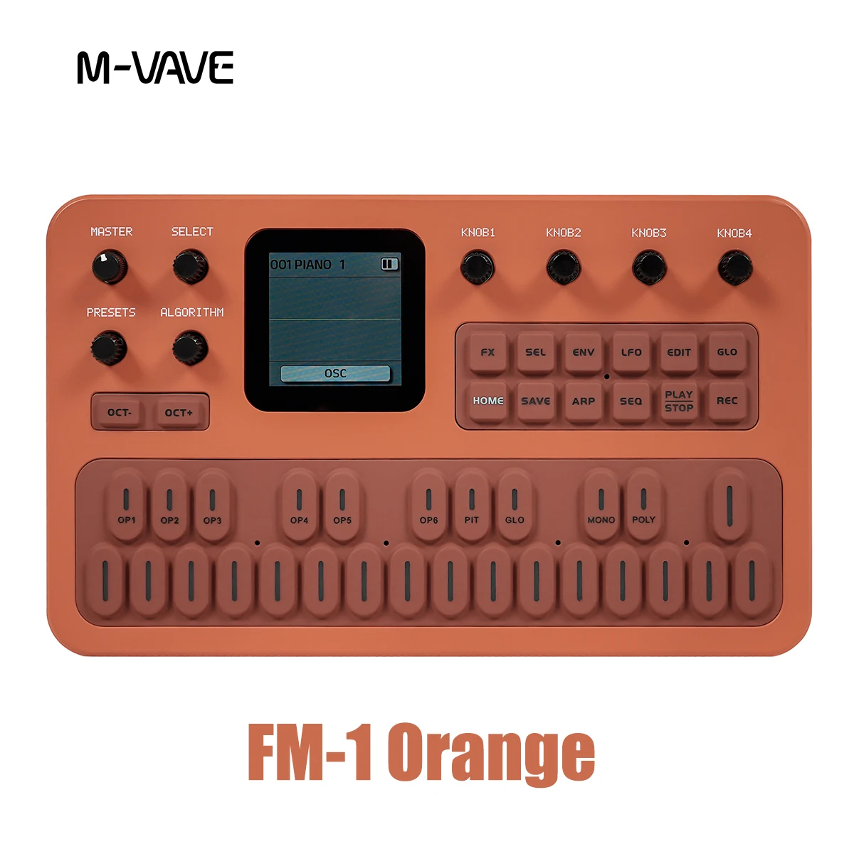 M-VAVE FM-1 (SK15) Orange FM Synthesizer – 6 Operators, 32 Algorithms, 128 Presets, 27 Keys, Built-in Speaker, 12-Hour Battery
