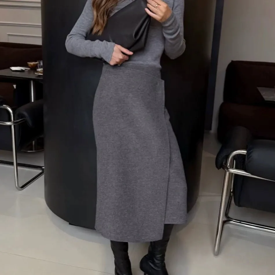 Herbst Winter Neue Damen-Pendlerkleidung Grauer Woll-Midirock Eleganter Hochtaillierter Knopf-Schlitzrock für Damen – Detail 1