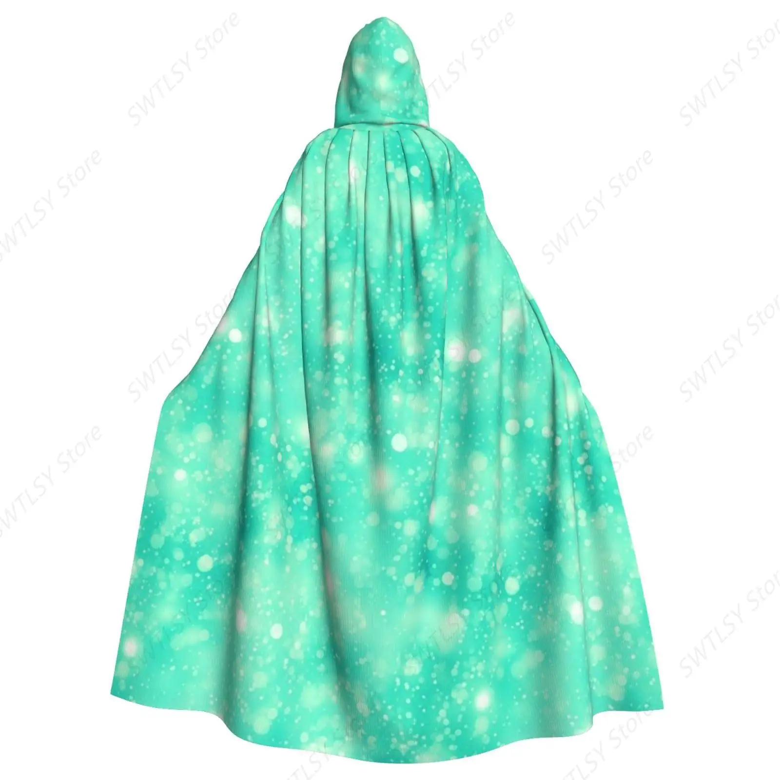 Halloween Hooded Cloak Women Men Halloween Cape Wizard Witch Costume Compatible with Turquoise Mint Green Sparkling Glitters