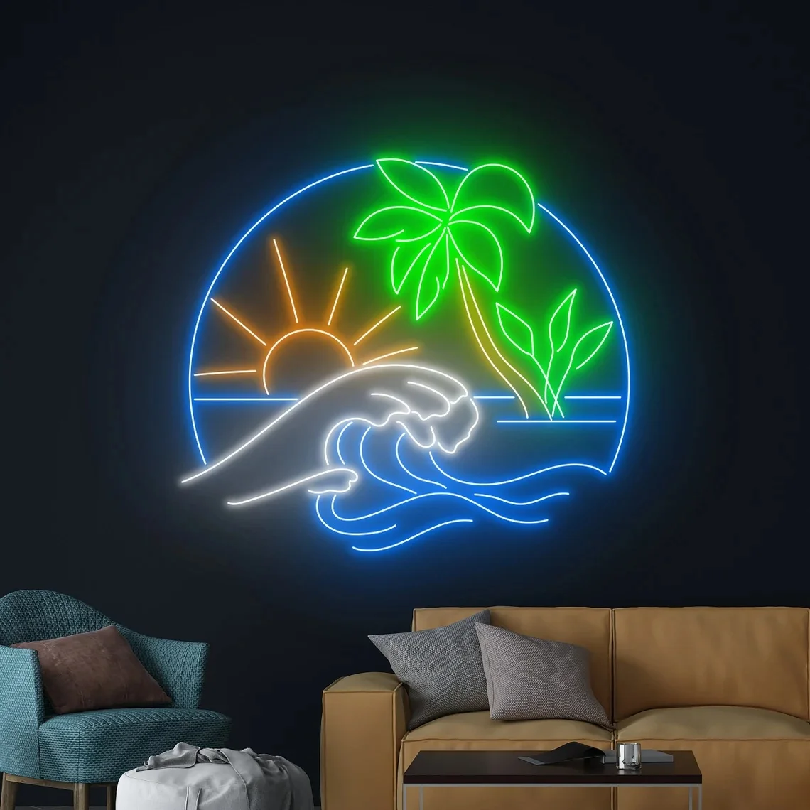 Sun Ocean Waves Palm Tree Neon Sign Tropical Sea Island Sign Room Wall Decor Best Gift