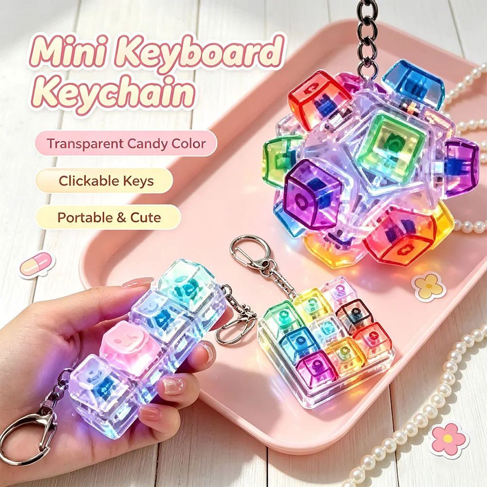 @Mini LED Light Keyboard Keychain Fidget Toy Clickable Button Stress Relief Portable Desk Accessory Decor Gifts Anxiety Relief