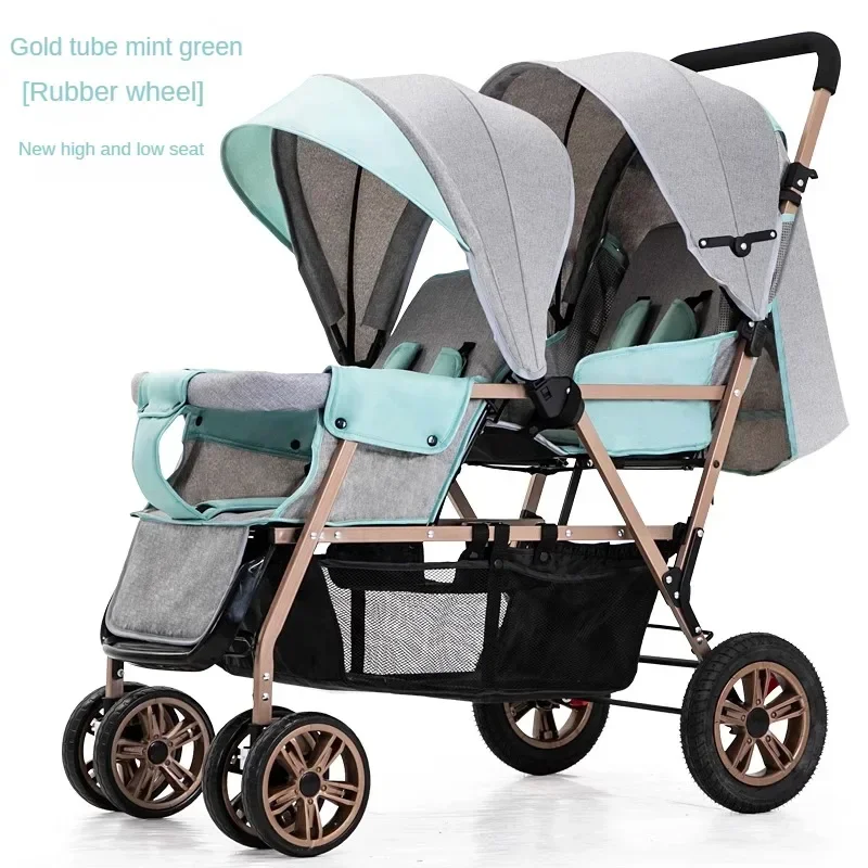 Nieuwe Twins kinderwagen voor- en achterbank, twee personen kunnen zitten en liggen, lichtgewicht opvouwbare kinderhandkar kinderwagen