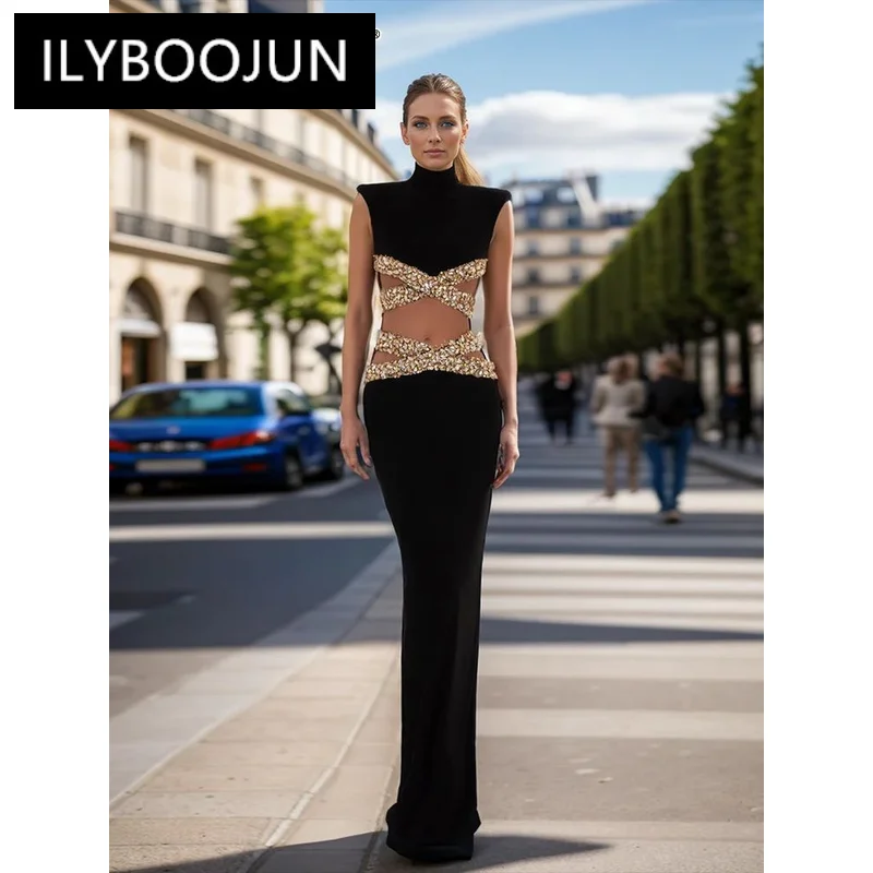 

ILYBOOJUN Solid Spliced Crisscross Diamonds Dresses For Women Turtleneck Sleeveless Hollow Out Slimming Formal Dress Female