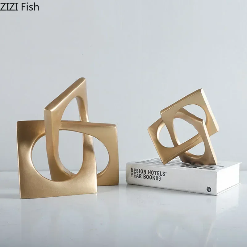 Abstract Geometric Distortion Ornaments Crafts Desk Decoration Square Golden Collar Artwork Statue Room Aesthetics Decor