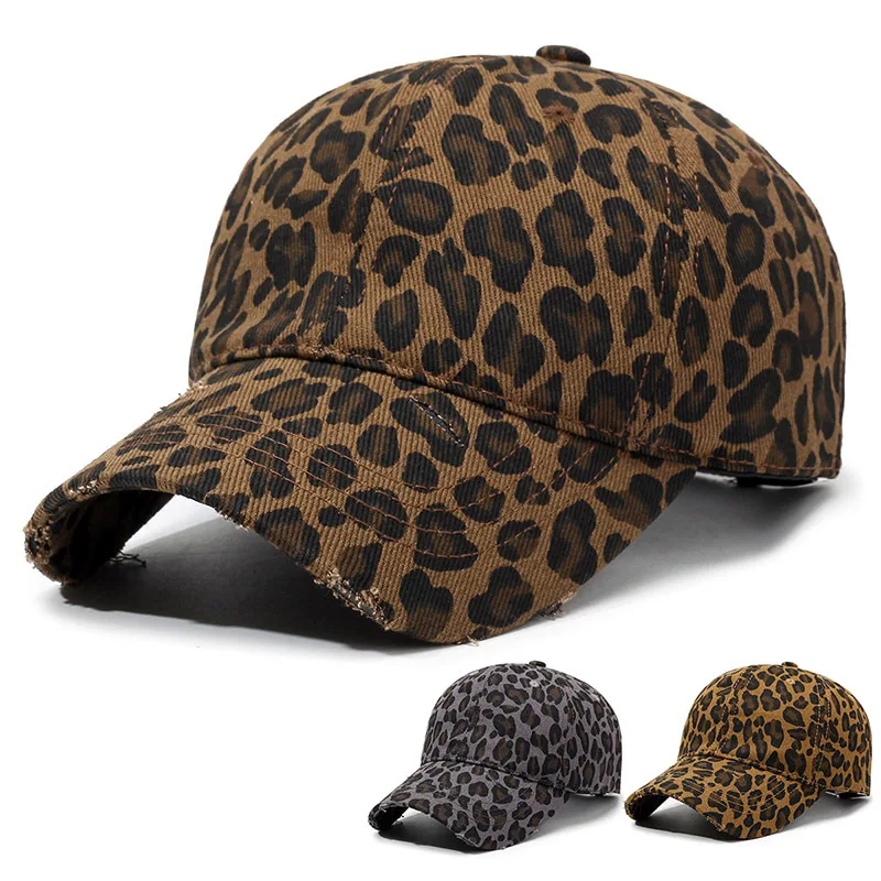 Leopard Print Distressed Soft Top Baseball Cap for Women, Graffiti Ins Fashion Vintage Baseball Cap Cross Border