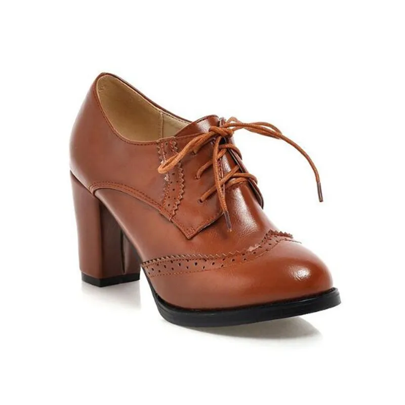 

Women's Pump Vintage Brogue Shoes Chunky Heel Cut Out Oxford Shoes Woman Lace Up Leather Shoes Fashion Ladies Short Boots 32-43