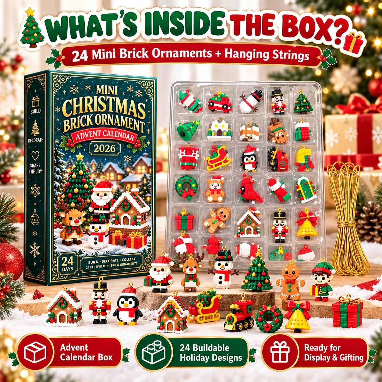 2026 Christmas Advent Calendar 24 Day Countdown Mini Brick Ornaments Buildable Blocks Hanging Loops Xmas Tree Holiday Gift