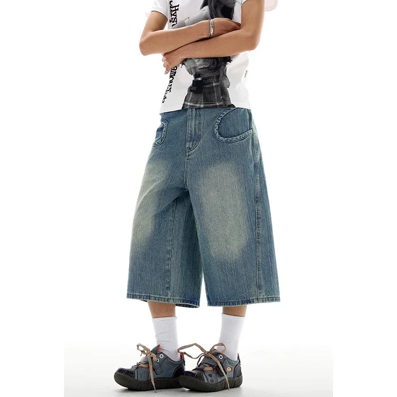 

Pop Summer Men's Blue Aesthetic Vintage Y2K 2000s Wide Leg Baggy Casual Denim Shorts Korean Style High Waist Cargo Shorts