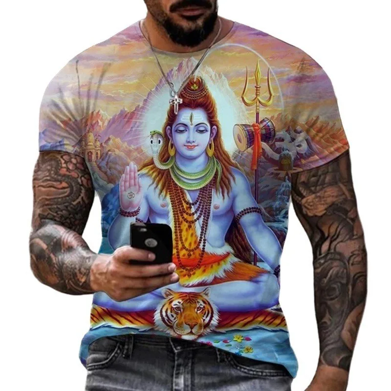 

3D Indian Shiva Print Short Sleeved Men's Fashion Trend Round Neck T-shirt for Summer Casual Breathable Clothing