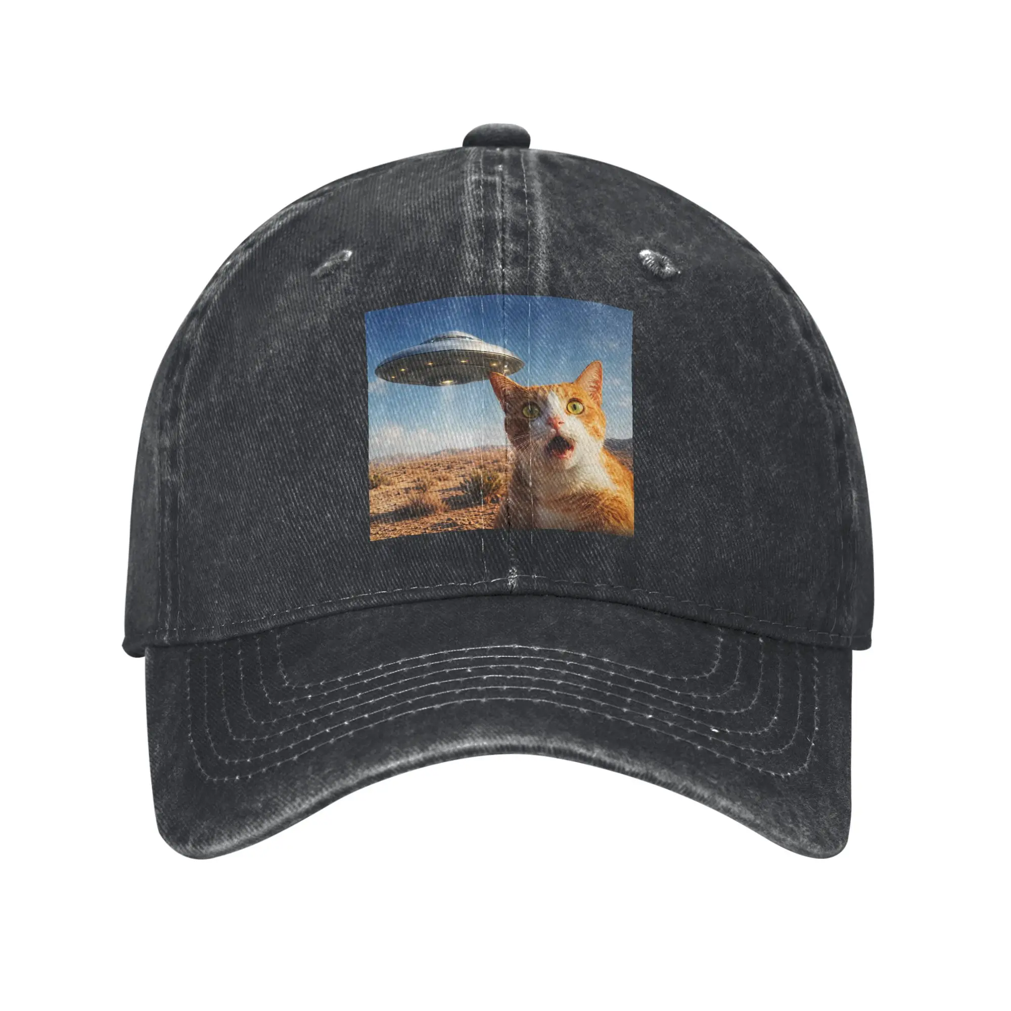 Funny Shocked Cat UFO Desert Alien Encounter Baseball Cap For Men Women Summer Hats Fitted Retro Breathable Baseball Caps