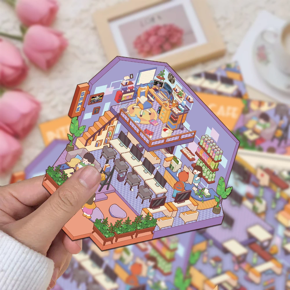3PCS Creative Mini Shrink World Internet Cafe Landscape Stickers DIY Niche Decompression PET Transparent Material Stickers