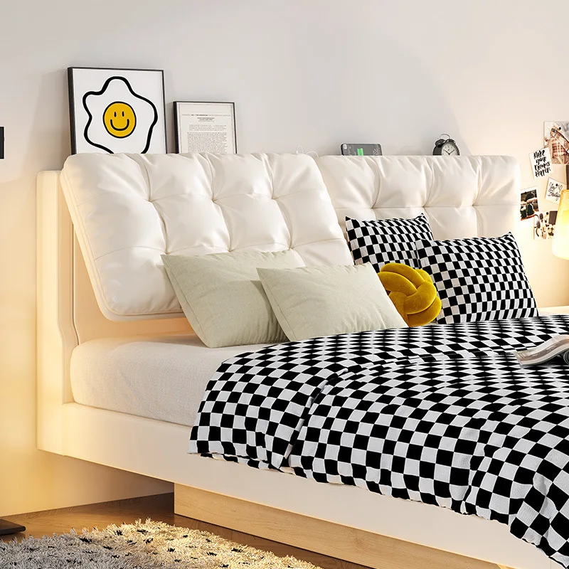 Modern simple cream wind cloud leather suspension bed flush edge master bedroom Internet celebrity storage double leather art be