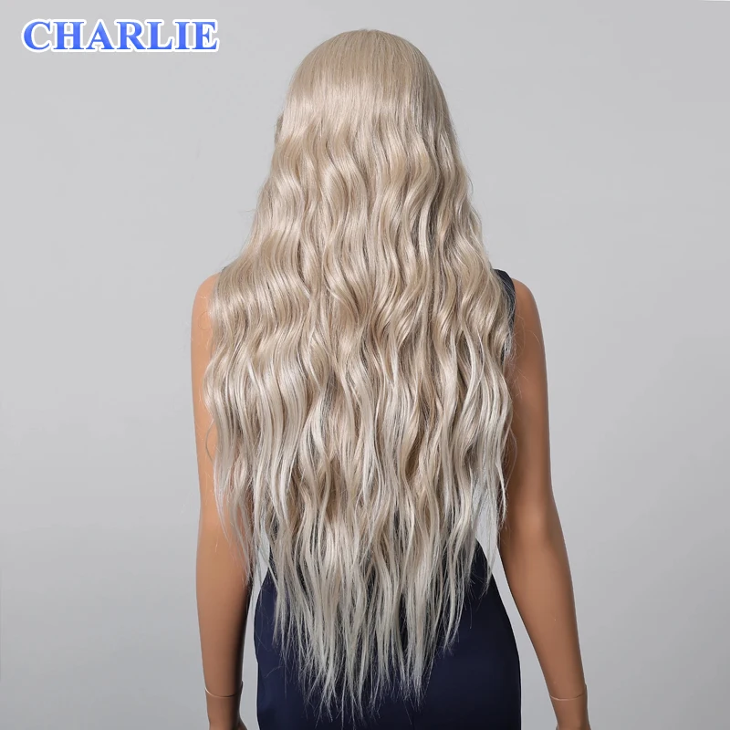 13x6 Lace Wig Long Synthetic Wavy Platinum Blonde Wigs for Women Daily Party Cosplay Wedding Use High Density Heat Resistant