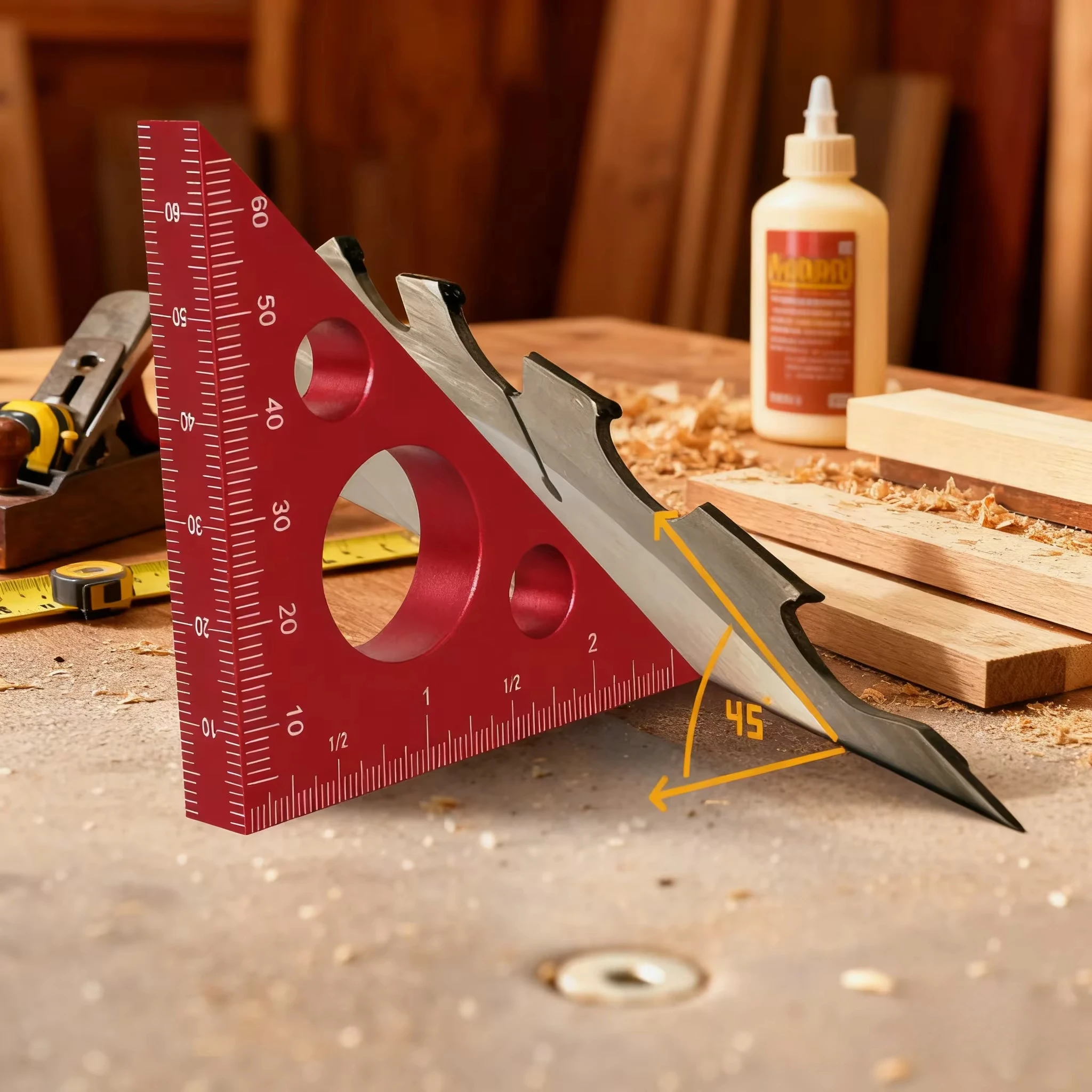 45/90 Degree Aluminum Alloy Triangle Ruler, Metric Imperial Dual Scale Woodworking Carpenter Square Measuring Tool