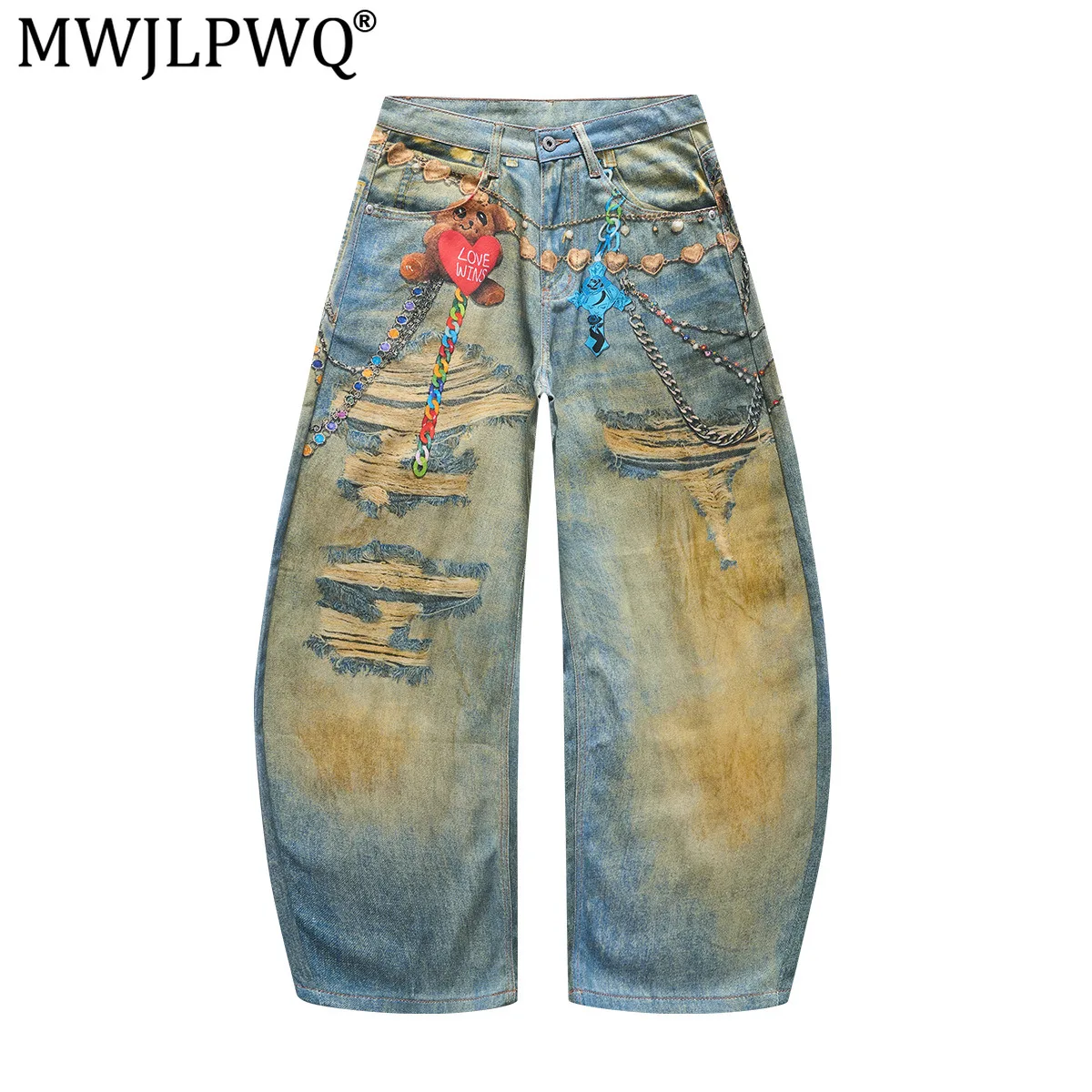 MWJLPWQ Y2K Style Digital Chain-Decorated Printed Distressed Ripped Jeans Men's Niched New Wide Leg Denim Long Pants 21461