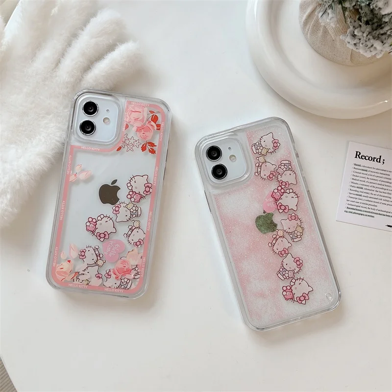 INS Kawaii Sanrio Hello Kitty Quicksand Phone Case For iPhone 15 14 13 12 11 Pro Max XR XS MAX X 7 8 Plus Cute Anti-drop Cover