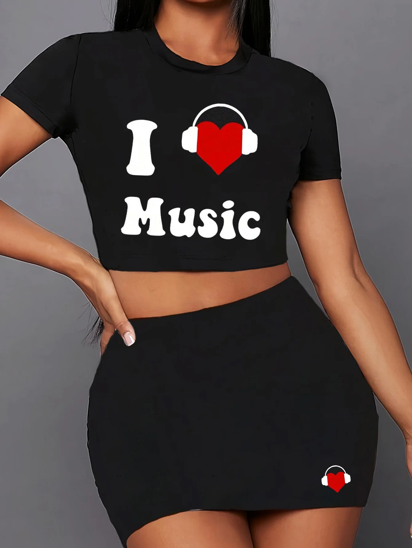 i love music festival letter print two piece set, short sleeve round neck t-shirt & skirts, women's clothing