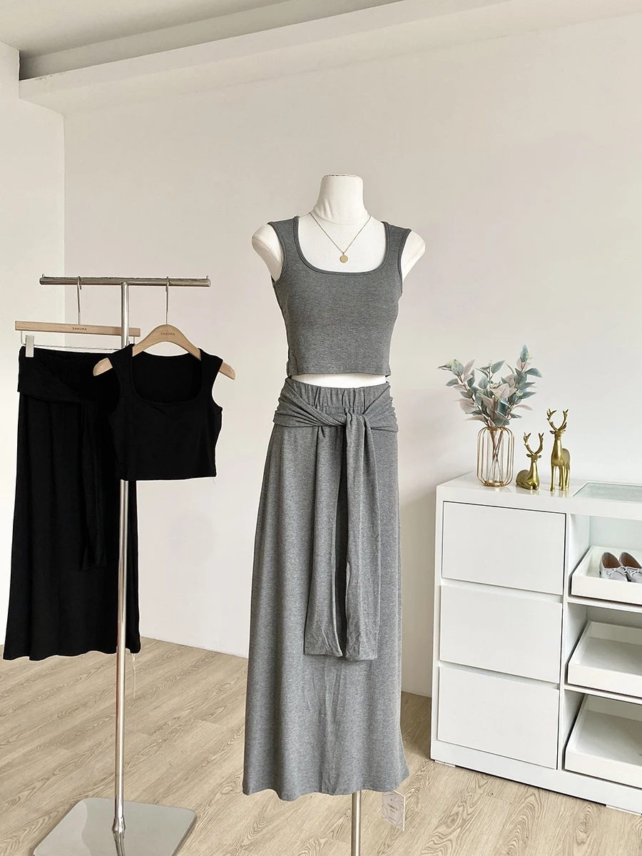 

Summer 2025 Women's Casual Pure Color Vest Strap High Waist Skirt Fashionable Versatile Polyester Fiber Two-Piece Set