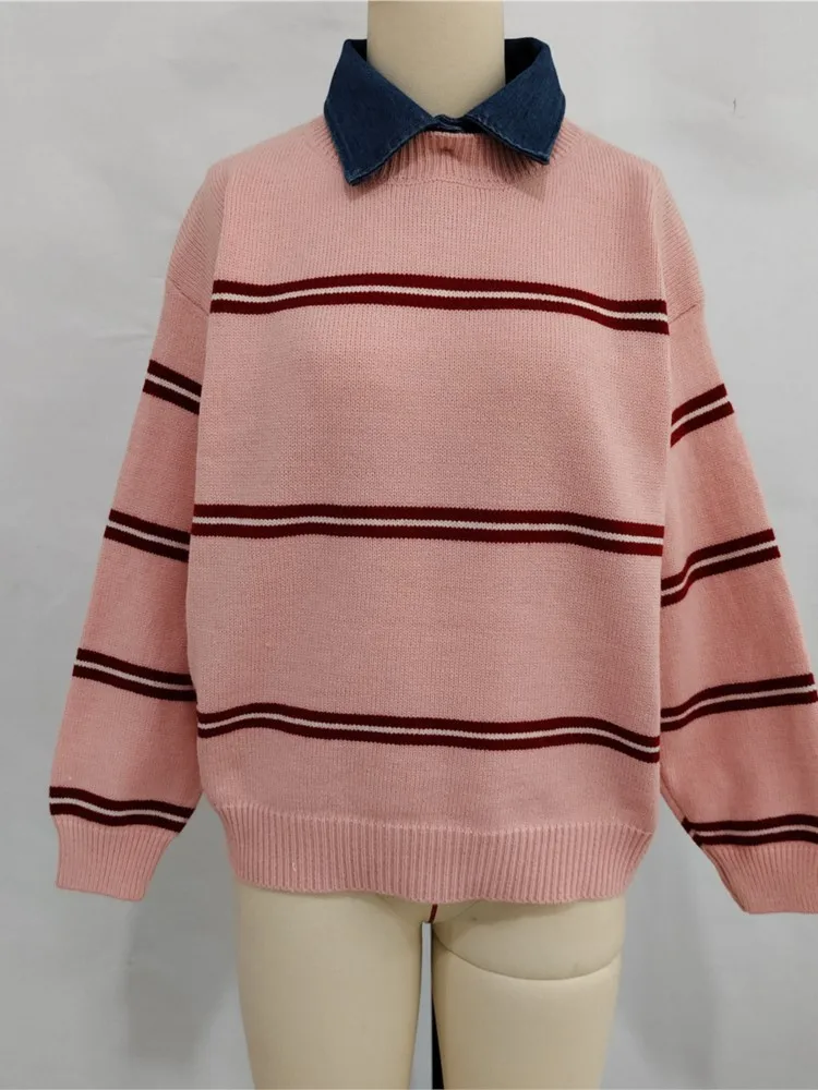 Осенне-зимний вязаный свитер с лацканами, женский контрастный цвет, универсальный полосатый повседневный свободный пуловер с длинными рукавами