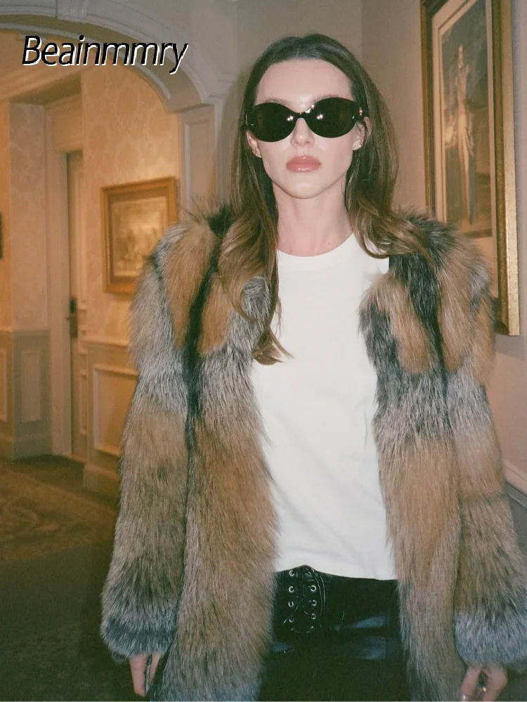 

Women's Faux Fur Coat Mixed Color Cropped Jackets 2025 Winter New Loose Warm Lapel neck Long Sleeve High Street Fashion Outwear