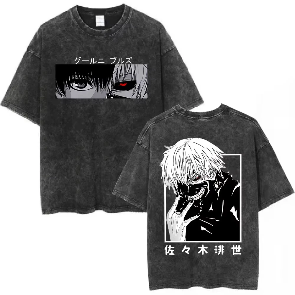 Vintage Washed Anime Tokyo Ghoul Spider Lily T Shirt Manga Cool Ken Kaneki Eyes T-shirts Oversized Gothic Short Sleeve T Shirts