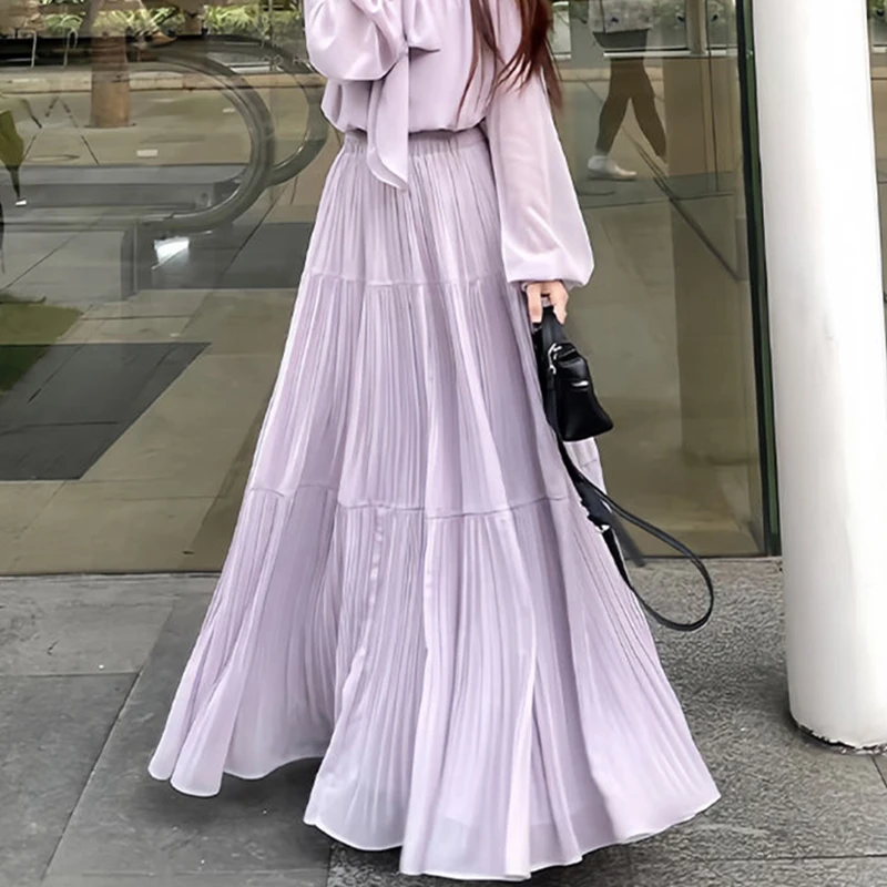 Korean Puple Chiffon Skirt Women Summer High Waist A Line Skinny Skirt Sweet Pleat Tiered Pretty Style Cake Beach Holiday Skirt