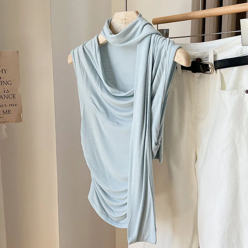 

Women Clothes Summer Thin Baby Blue Elegant Tank Top with Drifting Strap for Decor Sleeveless French Solid Soft Vest Clothing