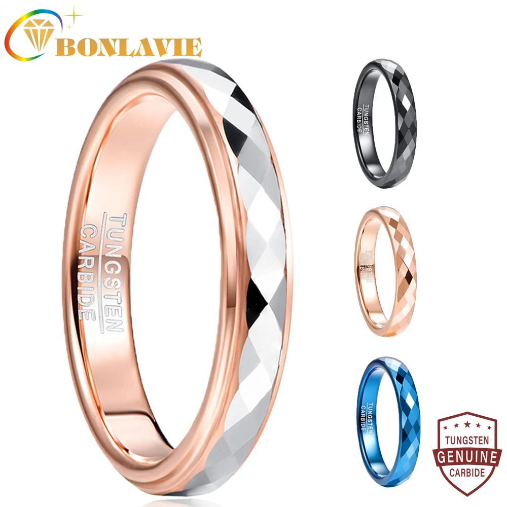 BONLAVIE 4mm Tungsten Carbide Ring Surface Polished Rhombus Shaped Batch Rose Gold Plating Side Step Tungsten Steel Wedding Ring