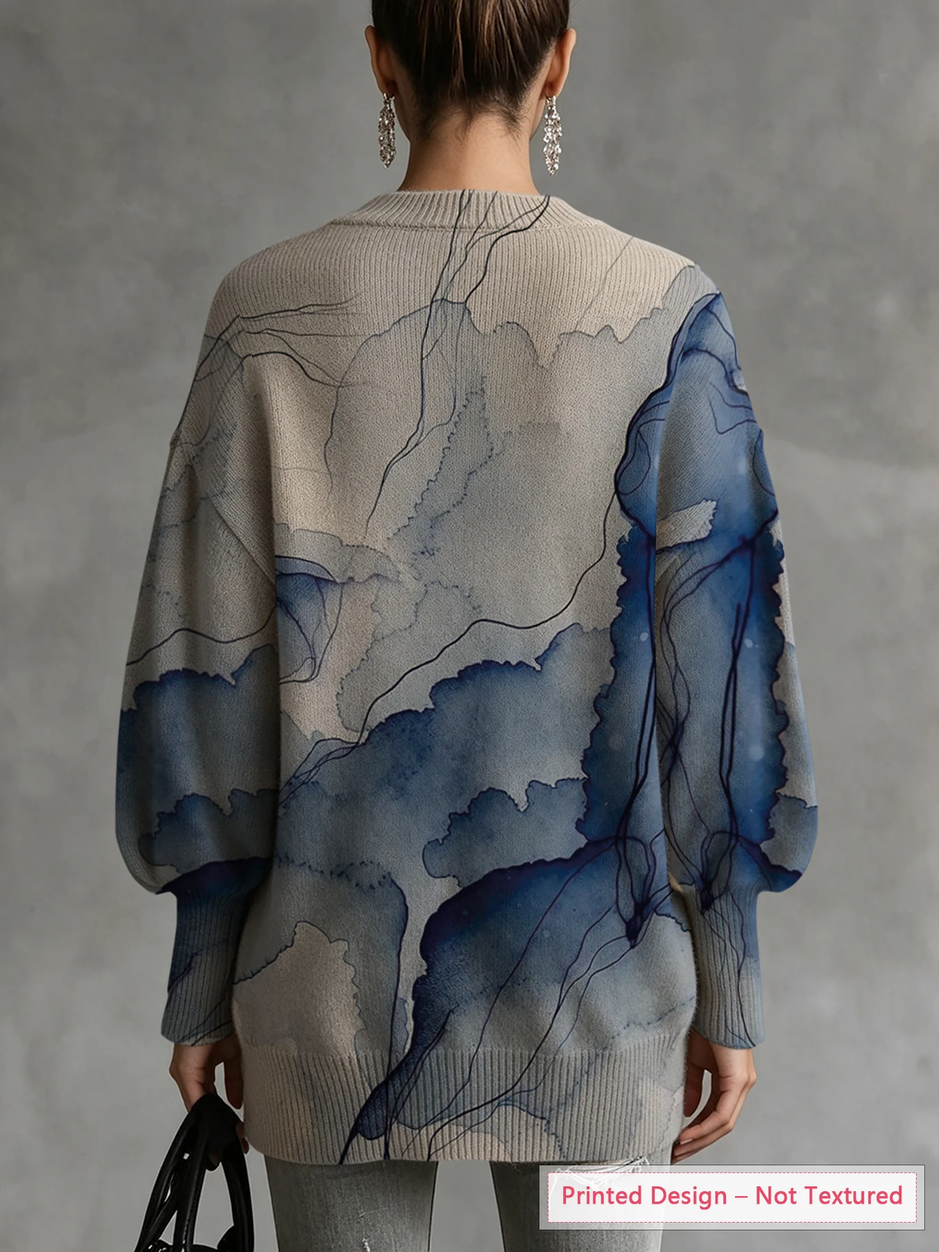 Women's Knitted Top, Thin Style for Autumn and Winter, Artistic Gradient Pattern Print, Retro Casual Style, Diagonal Hem Lantern Sleeves