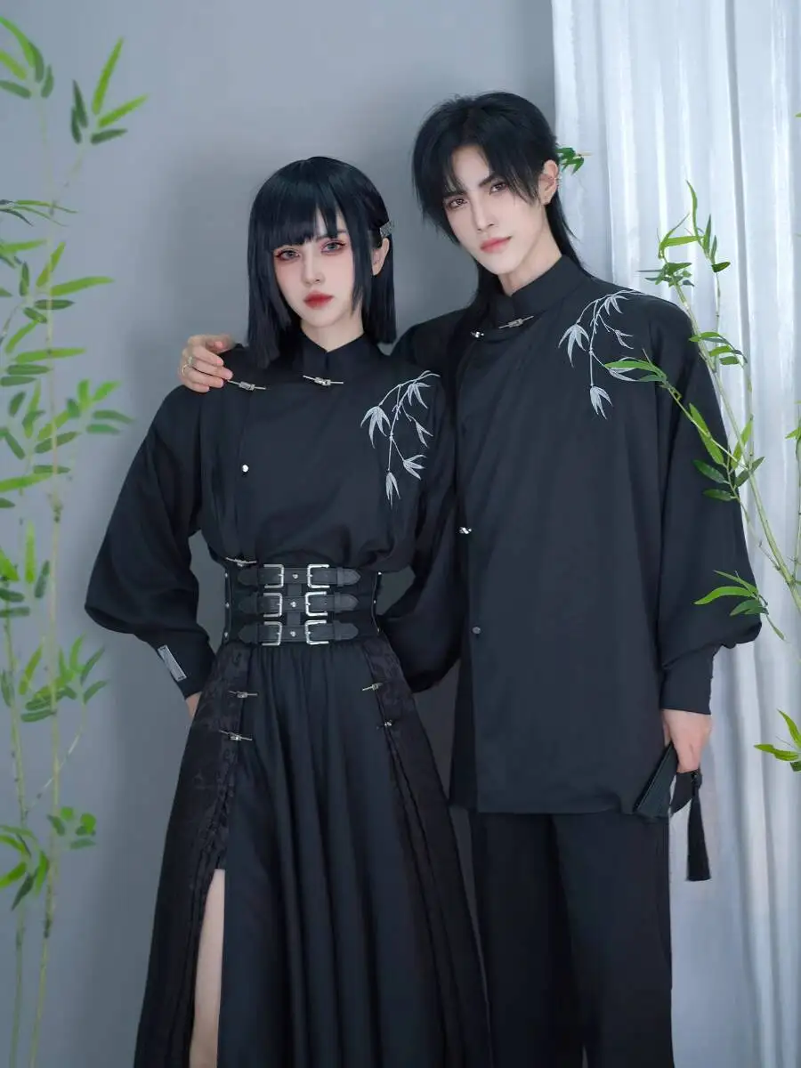 

New Chinese Style National Style Han Elements Embroidery Stand-up Collar T-shirt Shirt Tops Skirt Dragon Pattern Metal Disk