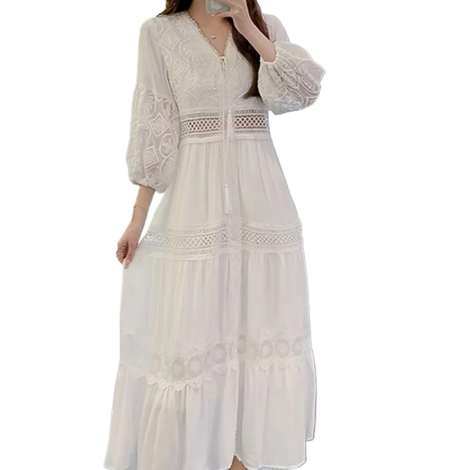 

Spring and Autumn Versatile Ethnic Style New V-Neck Lace Holiday Beach Dress White