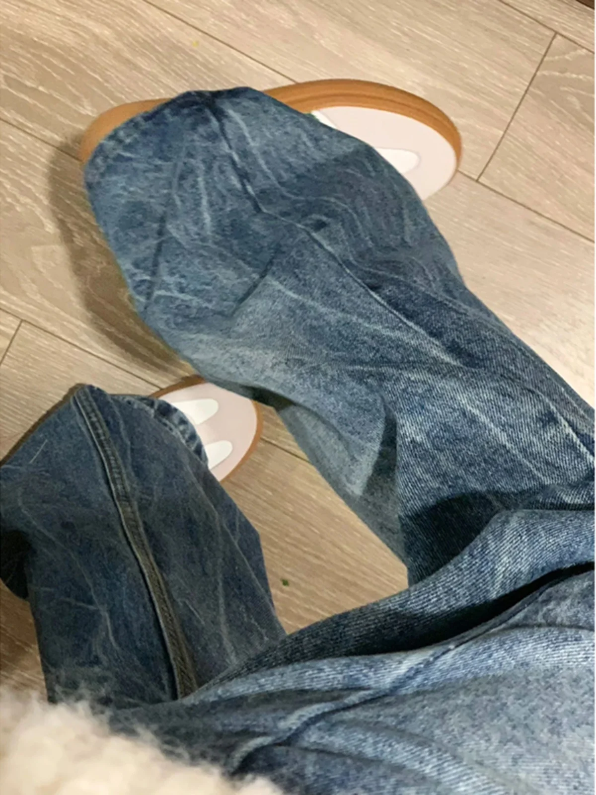 

Blue Lightning Pattern Men's Jeans Straight Leg Micro Flared Autumn Winter American Retro High Street Vibe Long Pants