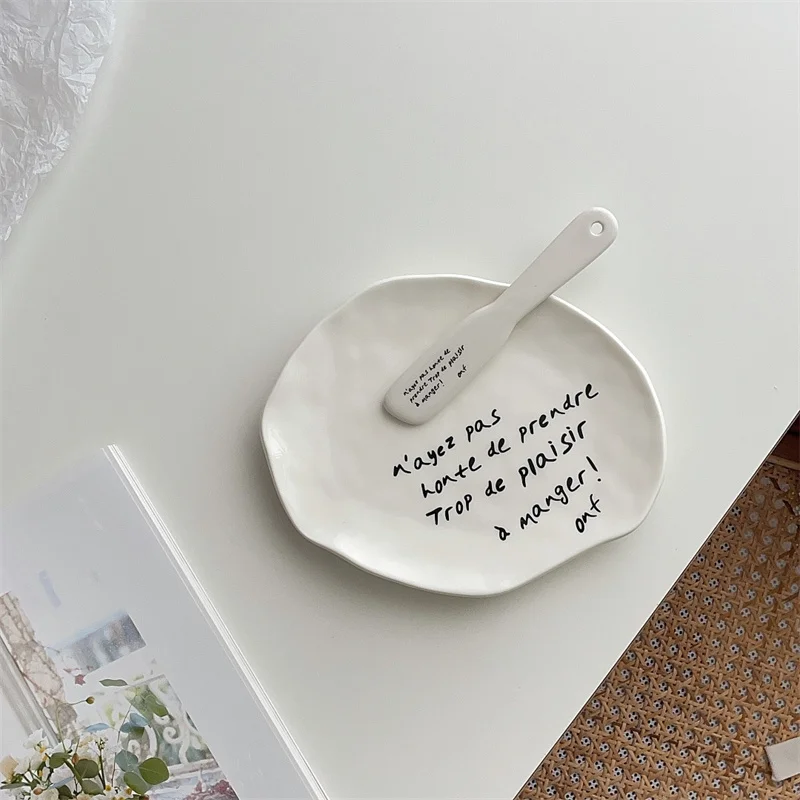 Korean Style Ceramic Irregular Cake Dessert Plate Popular Splashed Ink Breakfast Butter Jam Knife Spatula Dining Utensils